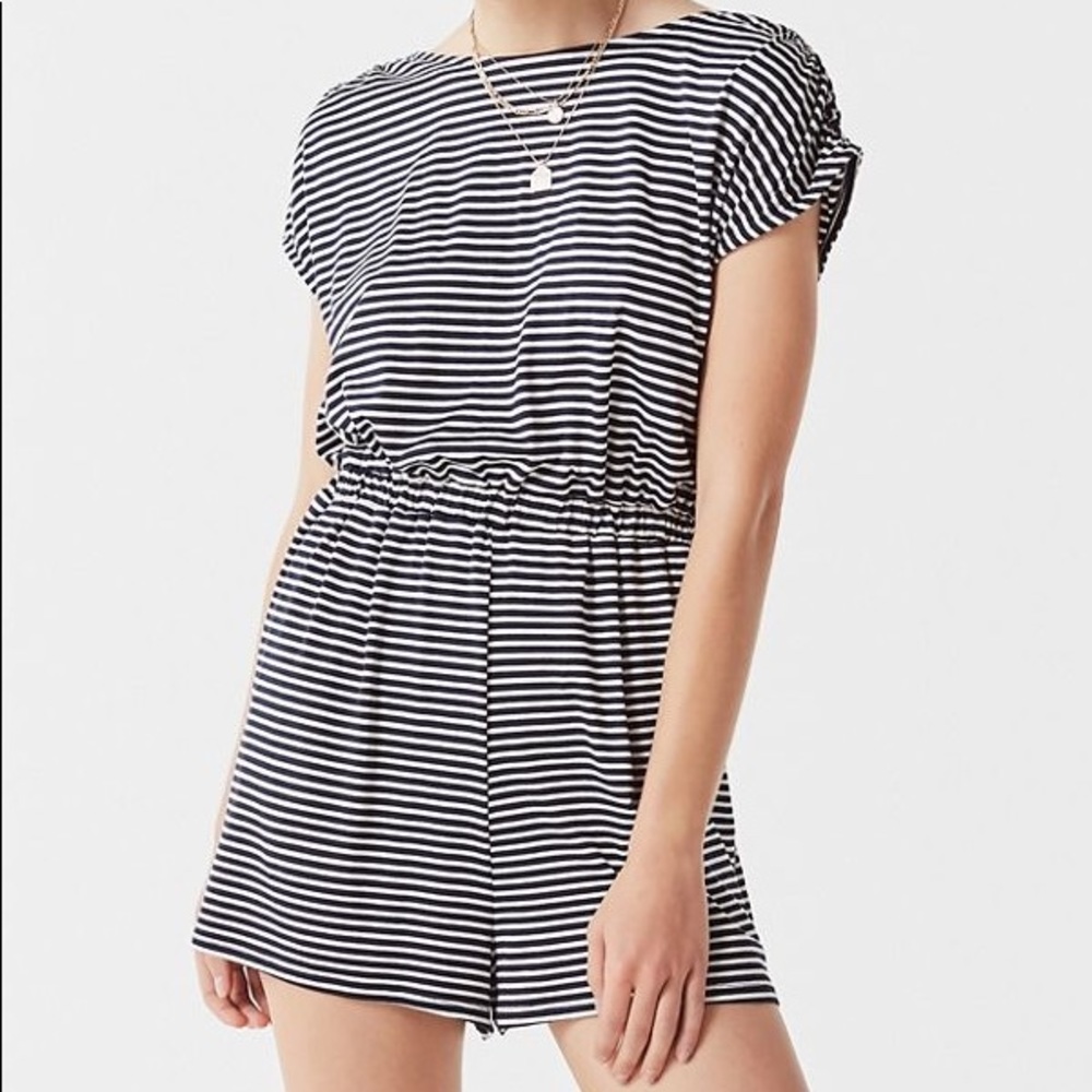 UO Striped Open Back Romper with Pockets